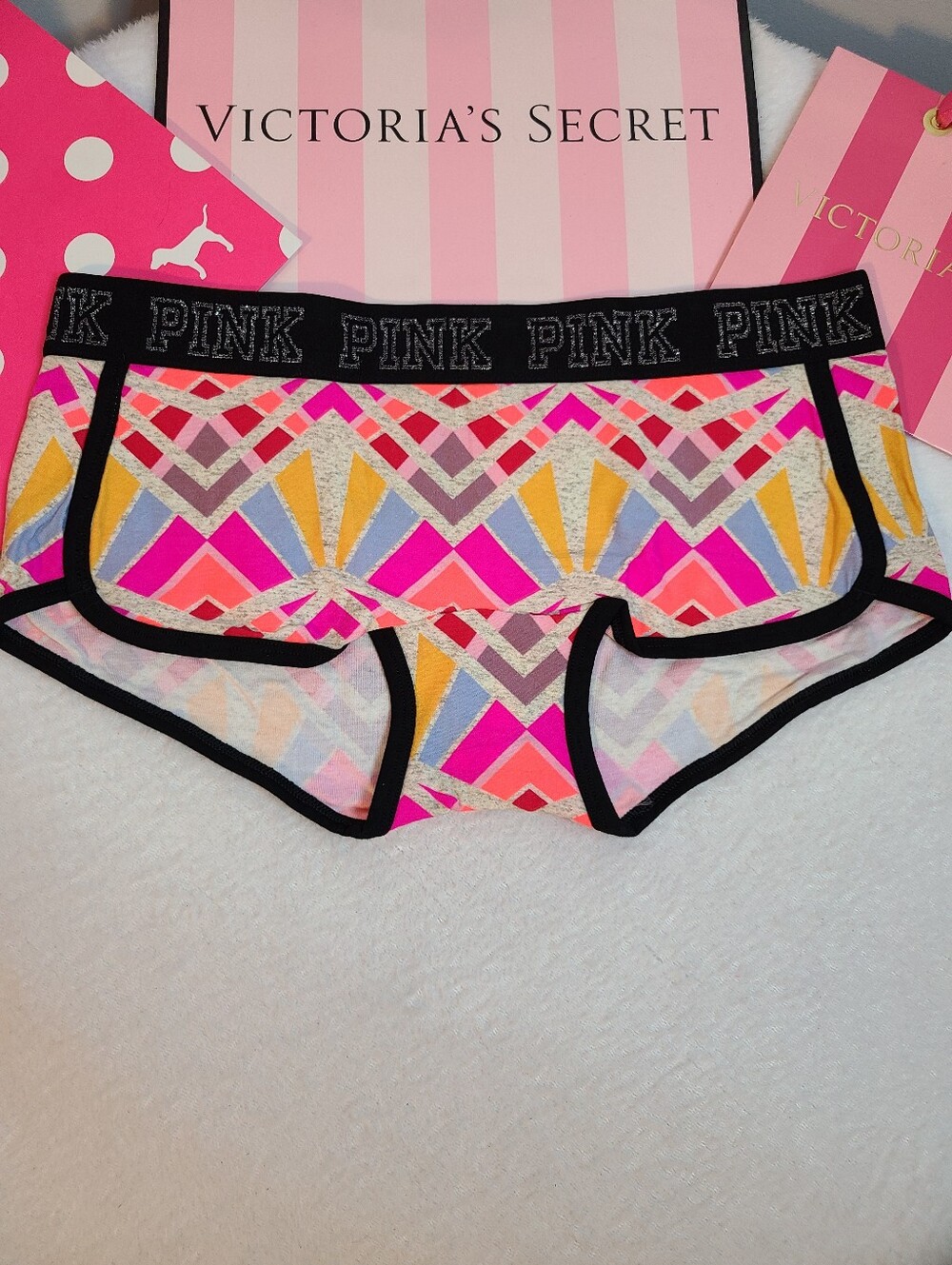 Y2K VS PINK Sparkle Logo Band Cotton Low Rise Boyshort Panty Size Lg Geo